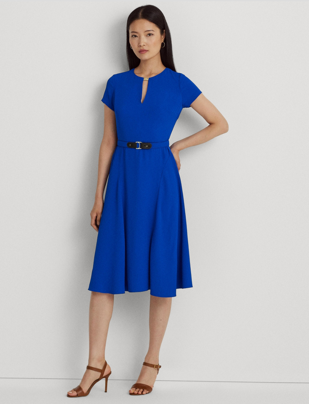 Lauren Ralph Lauren Women Belted Georgette Dress Sapphire Star Size 8